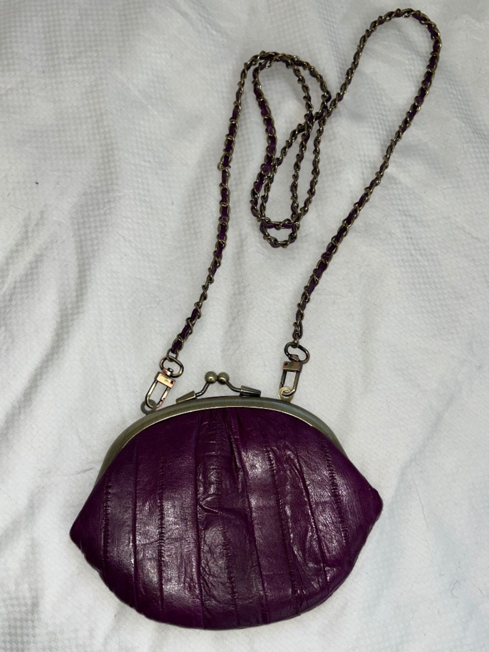 feel 100% eel skin leather purple convertible cross body pouch clutch bag